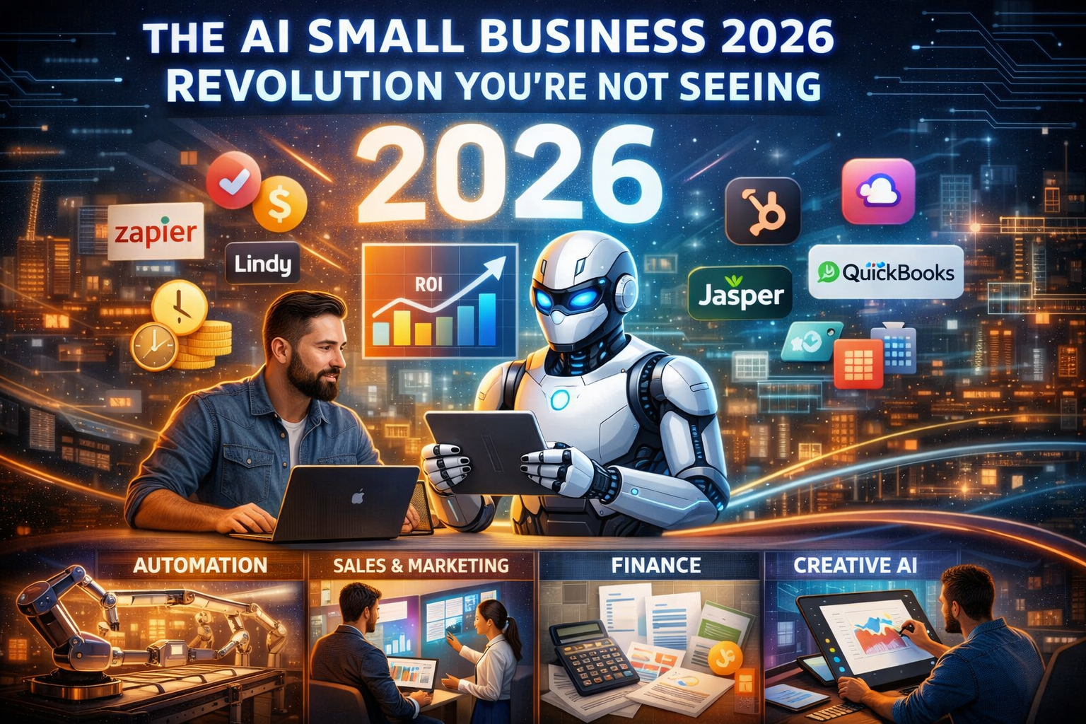 A 2026 small business owner and a humanoid robot assistant collaborating on a laptop with a rising ROI growth chart, surrounded by AI platform logos like Zapier, HubSpot, and Notion.