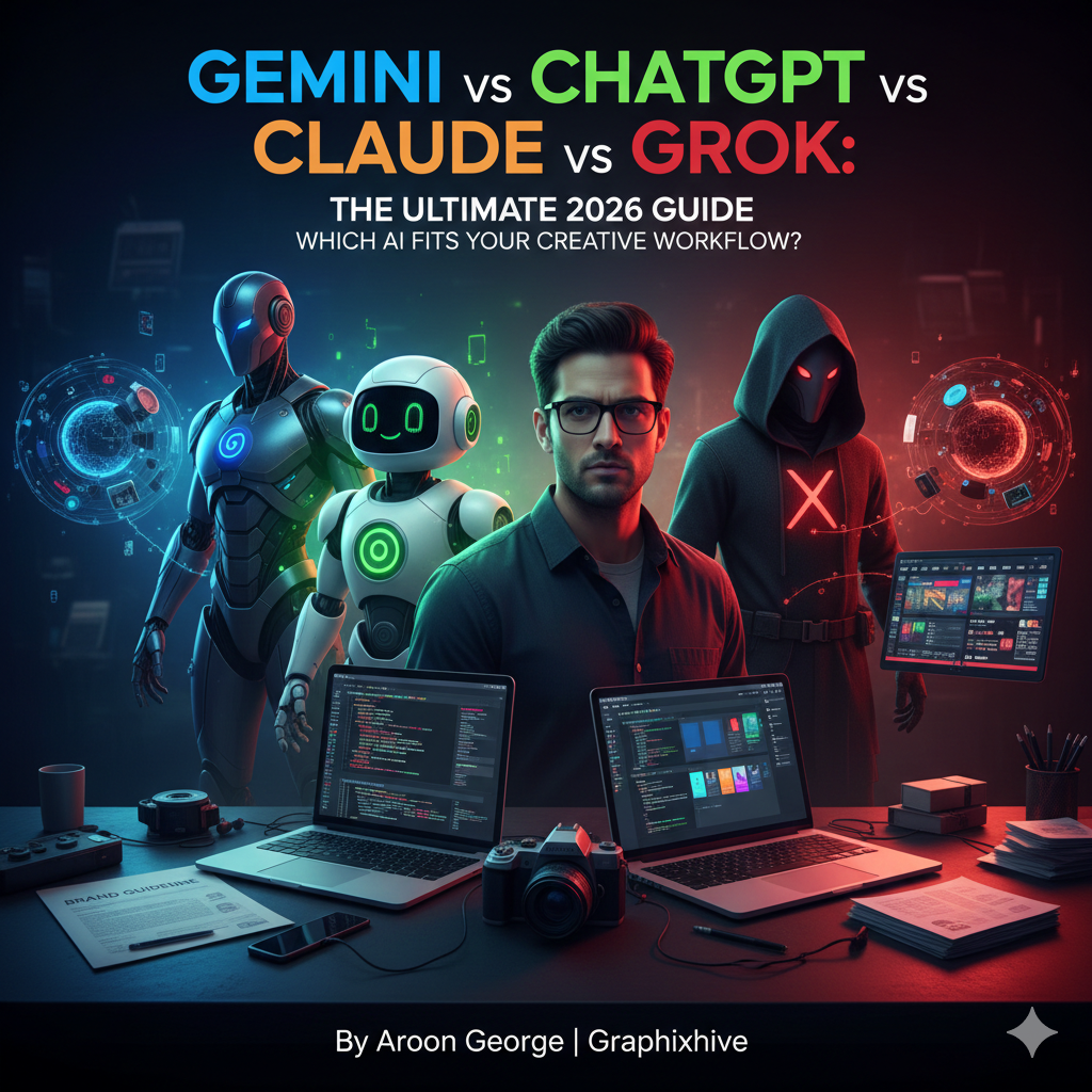 Comparison of Gemini vs ChatGPT vs Claude vs Grok AI robots and interfaces for 2026 creative workflows at Graphixhive.