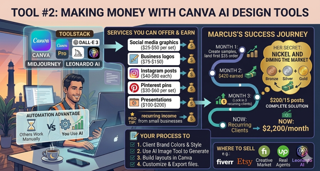 "Infographic titled 'Tool #2: Making Money with Canva AI Design Tools' featuring a designer at a desk in a twilight Lahore setting. The graphic lists a toolstack of Canva, Midjourney, and Leonardo AI. It includes a price list for design services, a 4-step production process, and a success journey timeline showing monthly earnings growing from $35 to $2,200/month. Small icons for Fiverr and Etsy are at the bottom."