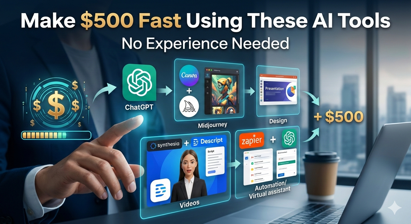 A professional infographic showing a person using AI tools like ChatGPT, Canva, and Zapier to earn $500 through content writing, design, and automation.